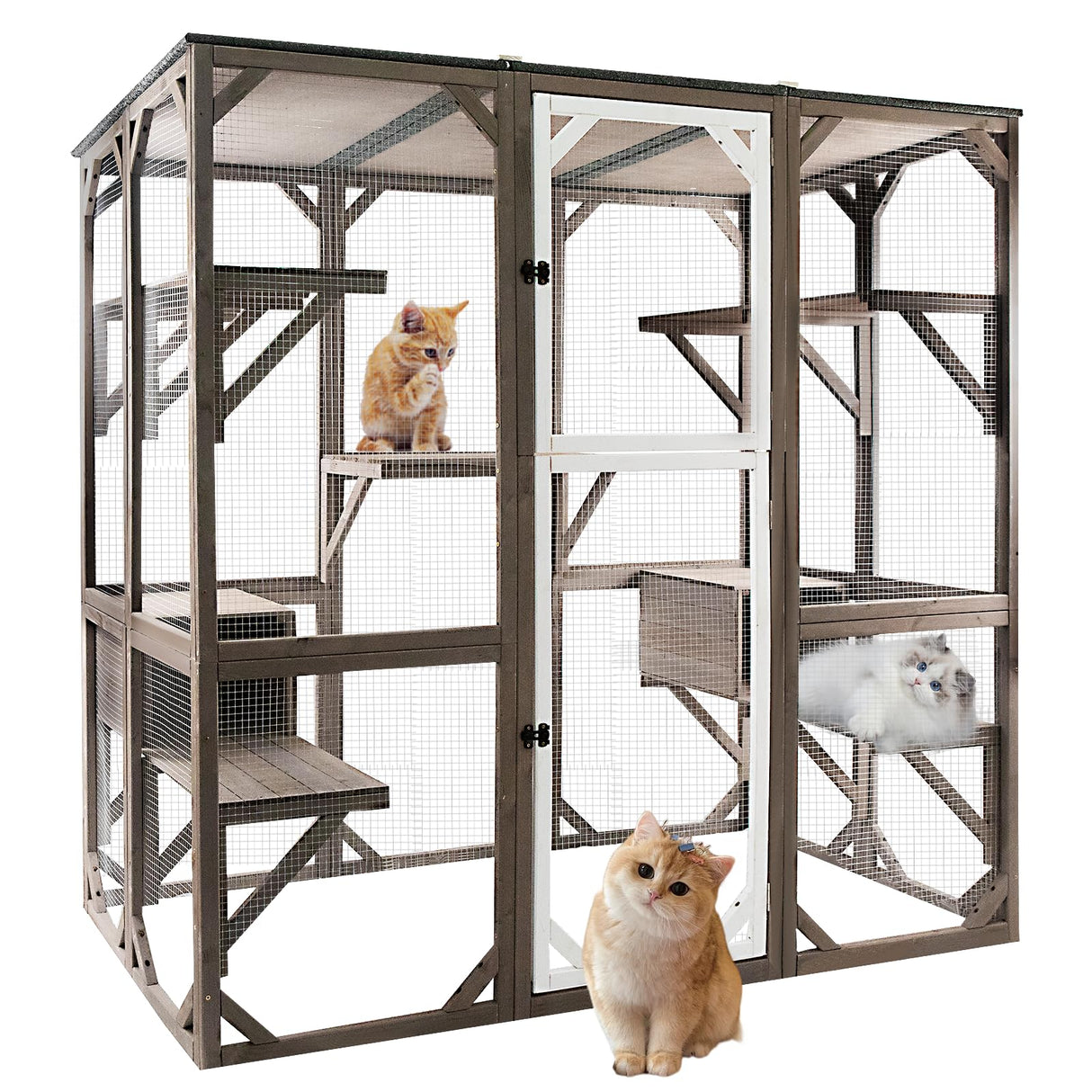 Gowoodhut Outdoor Catio Cat Enclosures - Wooden Cat House Weatherproof with Multi Platforms & Lounge Boxes, Indoor Interoperability - 71 Inch Gowoodhut