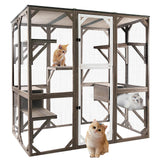 Gowoodhut Outdoor Catio Cat Enclosures - Wooden Cat House Weatherproof with Multi Platforms & Lounge Boxes, Indoor Interoperability - 71 Inch Gowoodhut