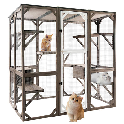 Gowoodhut Outdoor Catio Cat Enclosures - Wooden Cat House Weatherproof with Multi Platforms & Lounge Boxes, Indoor Interoperability - 71 Inch