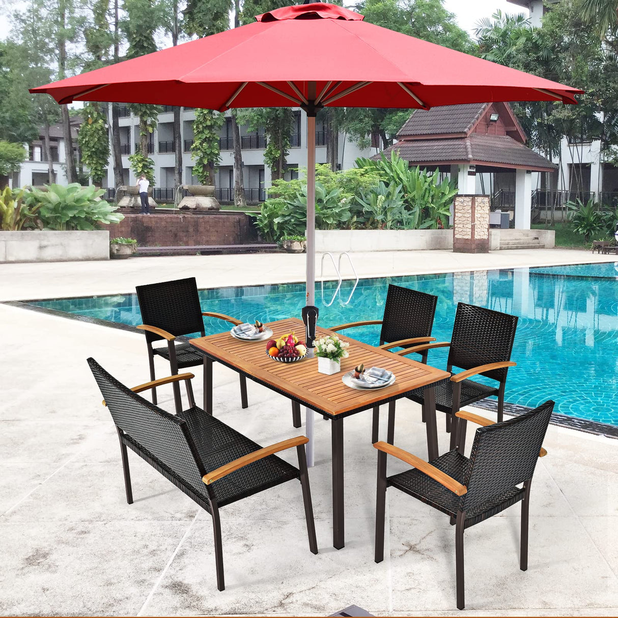 Tangkula Patio Acacia Dining Table, Outdoor Rectangle Dining Table with Acacia Wood Desktop, Steel Frame and Umbrella Hole, Perfect for Outdoor Entertaining, Deck, Backyard, Pool Side Tangkula