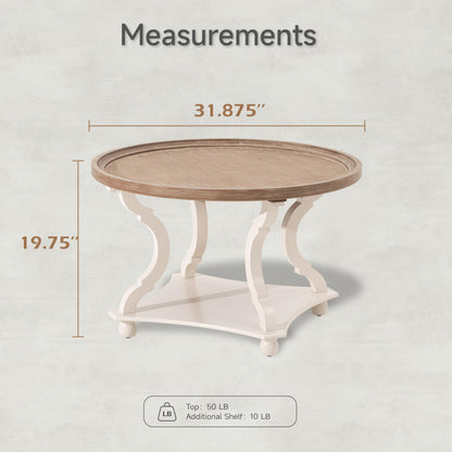 COZAYH Round Farmhouse Coffee Table with Handmade Finish, Wood Tray Top Rustic Coffee Table for Added Thickness, Accent Table with Storage for Living Room, Small Place, White, Circle - WoodArtSupply