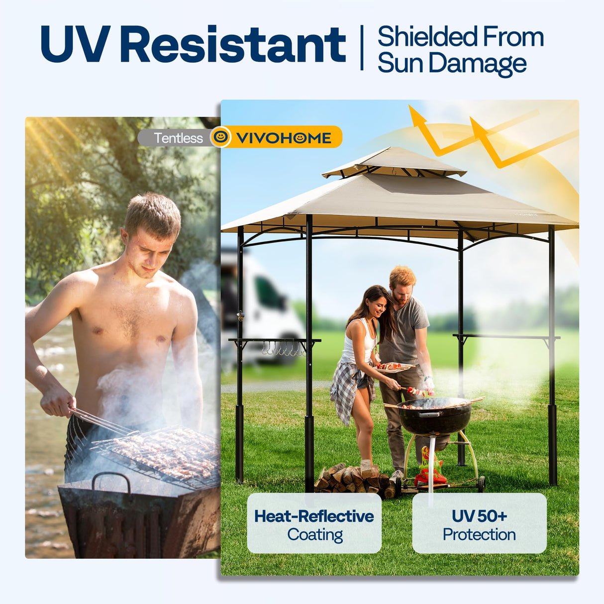 VIVOHOME Grill Gazebo Outdoor BBQ Patio Canopy Tent with Double Tiered Vented Top & 2 Side Shelves, Taupe VIVOHOME