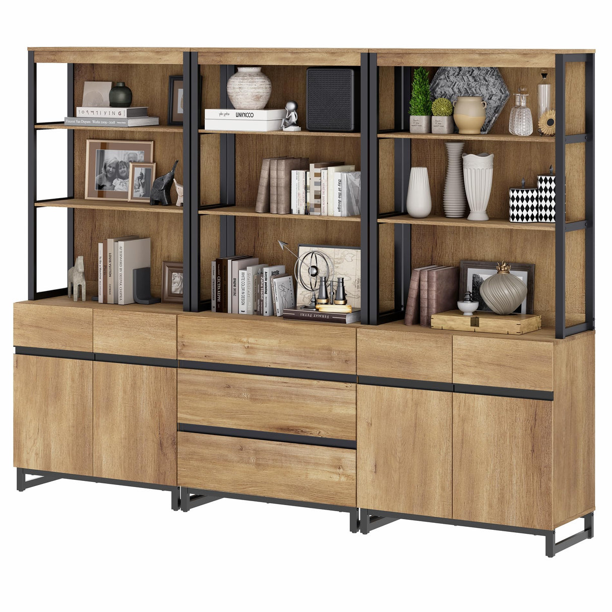 WAMPAT 3 PCS Modern 72" Tall Bookcase with 3 Drawers and Adjustable Shelves, Library Book Shelf with Storage Cabinet and Open Shelving, Wood Freestanding Bookshelves for Home Office, Living Room, Oak WAMPAT