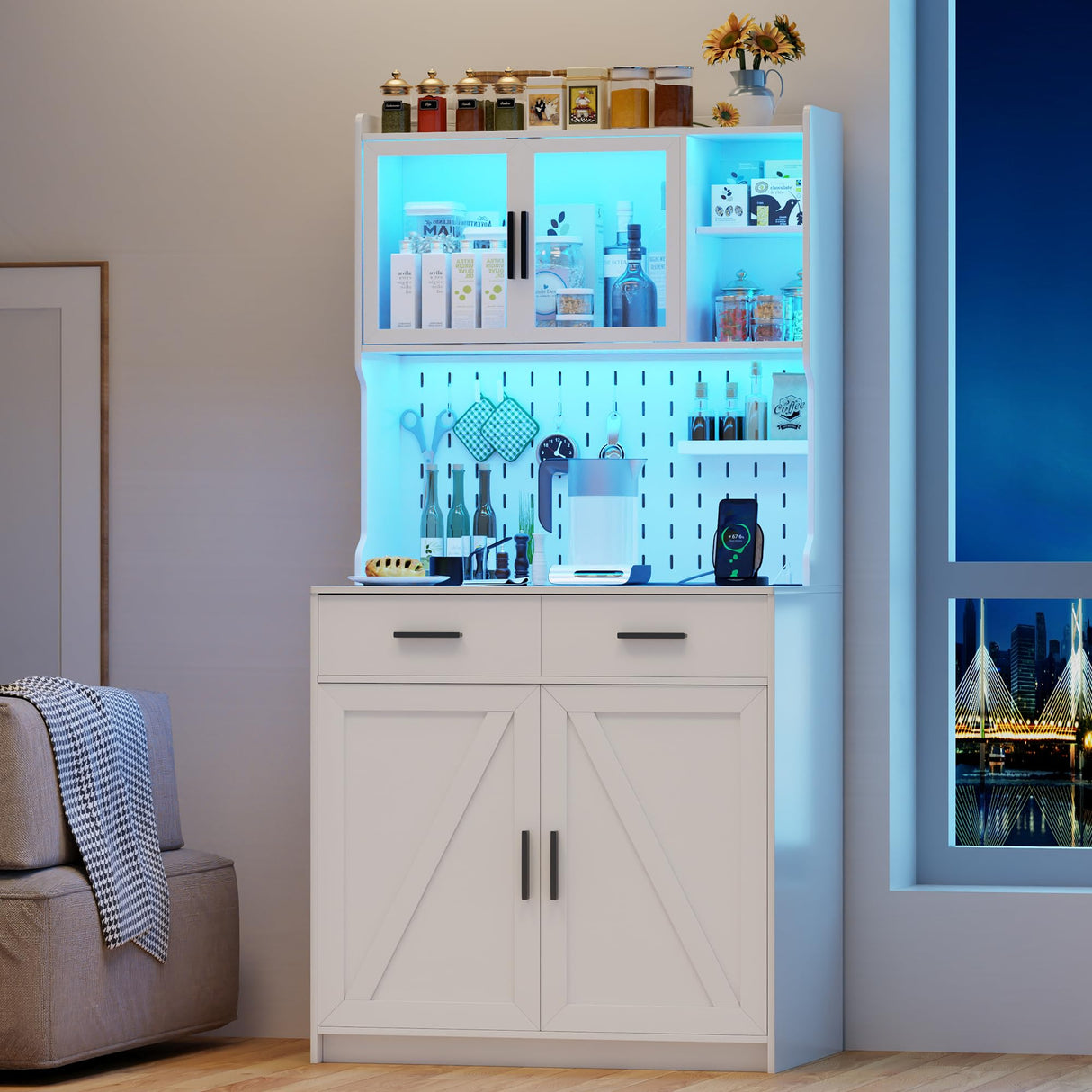 MDGC White LED Kitchen Pantry Cabinet with Charging Station, Adjustable Shelves, and Hooks for Versatile Storage MDGC