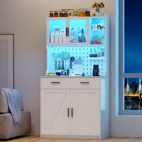 MDGC White LED Kitchen Pantry Cabinet with Charging Station, Adjustable Shelves, and Hooks for Versatile Storage MDGC