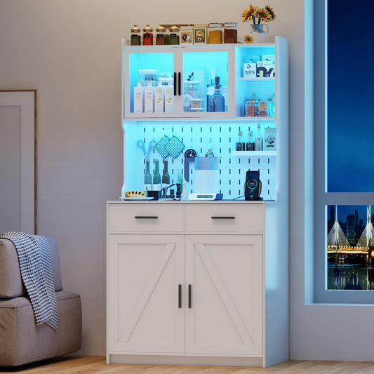 MDGC White LED Kitchen Pantry Cabinet with Charging Station, Adjustable Shelves, and Hooks for Versatile Storage - WoodArtSupply