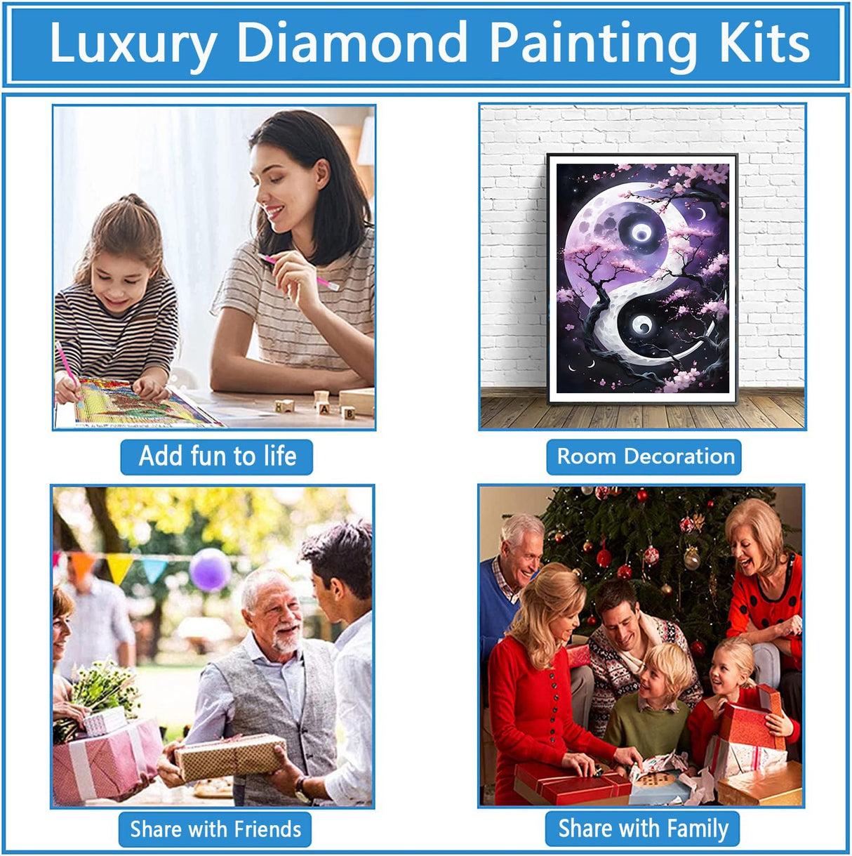 QINRUBB DIY Tai Chi Diamond Art Kit for Adults Beginners, Full Drill Yin Yang Diamond Painting Kits, 5D Cherry Blossom Painting by Numbers DIY Sun and Moon Craft Kits for Home Wall Decor 12x16 inch QINRUBB