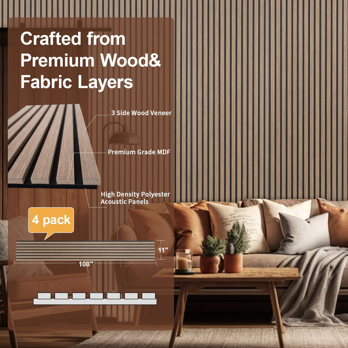 Yuzzy Wood Panels for Wall - 9 Feet Dark Walnut Wood Slat Acoustic Panels 4 PCS - Modern Sound Absorbing Wall Panels for Interior Wall Decor for Home, Office, Studio Yuzzy