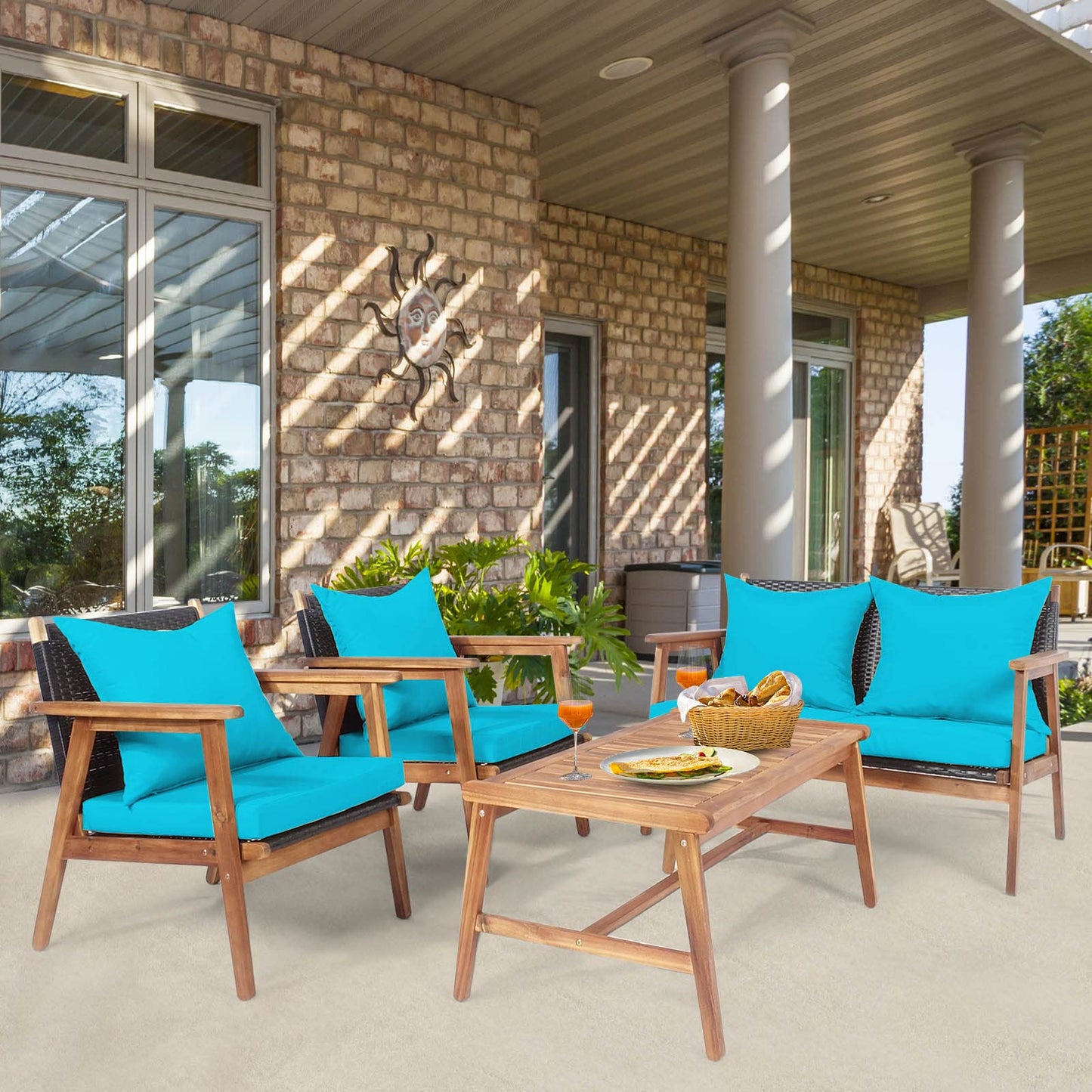 Tangkula 4-Piece Patio Furniture Set, Outdoor Acacia Wood Conversation Set with Cushions and Coffee Table, Outdoor PE Wicker Sectional Sofa Set for Garden, Poolside and Backyard (1, Turquoise - WoodArtSupply