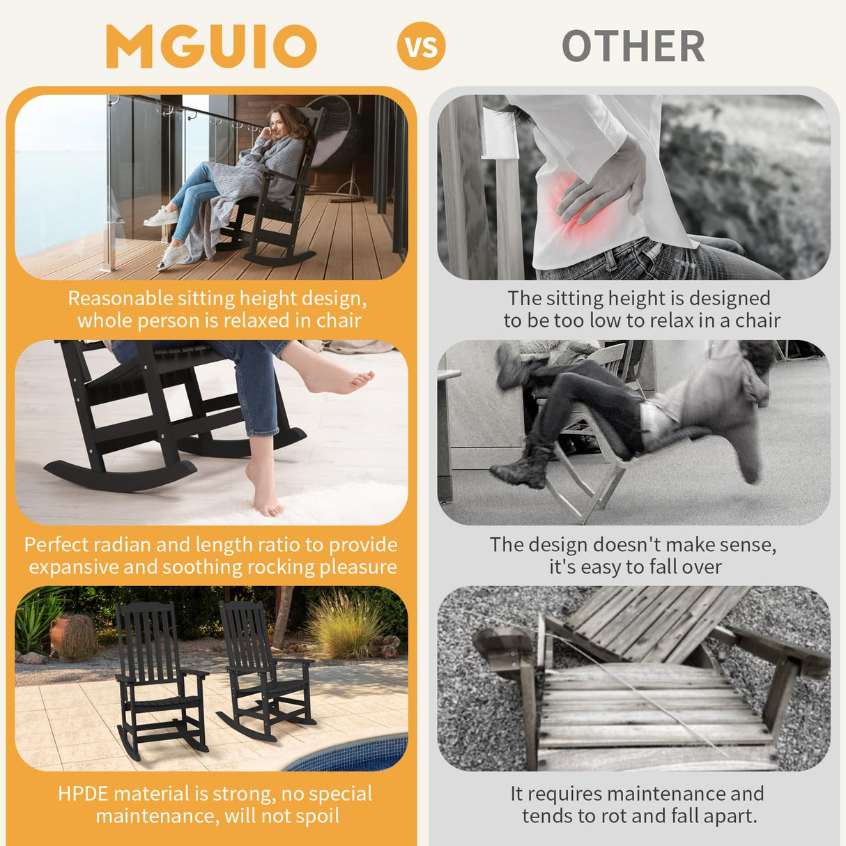 Mguio Outdoor Rocking Chairs Set of 2, Porch Rocker with High Back, Patio Rockers Set of 2, HDPE Weather Resistant Rocking Chairs for Patio, Garden, Backyard, 380lb Mguio