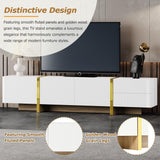 Merax Luxury Fluted TV Stand for Televisions Up to 80'', Modern Entertainment Center with Storage Cabinets & Drawers and Golden Wood Grain Legs, Smooth Media Console, for Living Room, White Merax