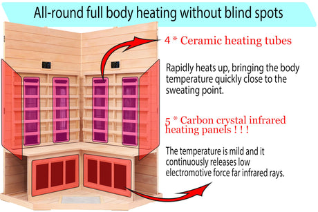 KUNSANA Ceramic Infrared Sauna 2 Person Far Infrared Sauna Low EMF Indoor Saunas for Home Hemlock Wooden Sauna Room with Bluetooth Speakers, LED Reading Lamps, Chromotherapy Lights KUNSANA