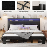 madeslves Wooden Bed Frame King Size with Storage Headboard, Rustic Platform Bedframe with LED Lights & Charging Station, Sturdy Metal Slats Support, Noise-Free, No Box Spring Needed, Black madeslves