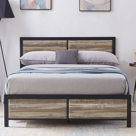 VECELO Queen Size Platform Bed Frame with Vintage Wood Headboard - Sturdy Metal Structure, No Box Spring Required, Grey Oak Finish VECELO
