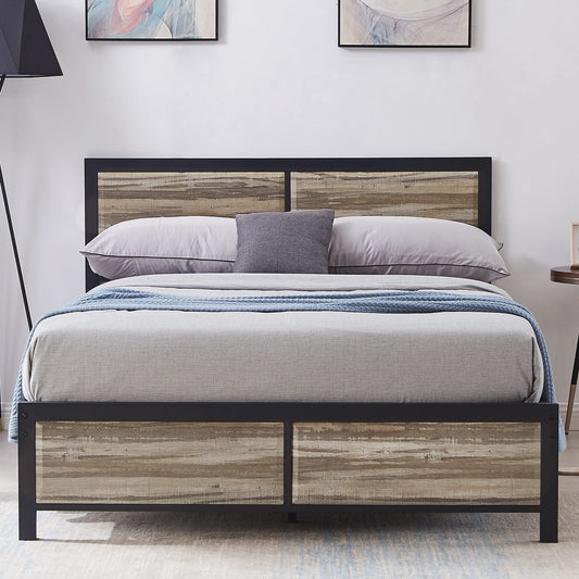 VECELO Queen Size Platform Bed Frame with Vintage Wood Headboard - Sturdy Metal Structure, No Box Spring Required, Grey Oak Finish - WoodArtSupply