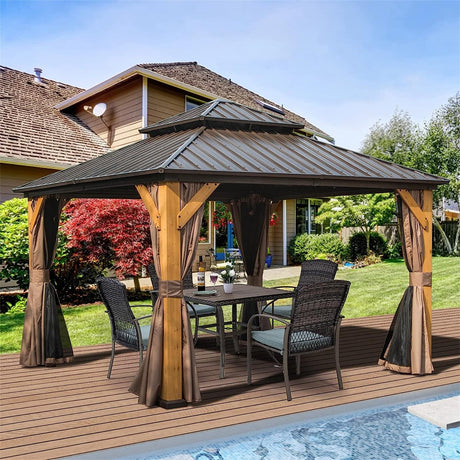 12'x12' Hardtop Gazebo with Cedar Wood Frame, Outdoor Wood Gazebo with Galvanized Steel Double Roof, Permanent Metal Roof Gazebo with Curtains and Netting for Patio, Backyard and Lawn(Brown) ANTSKU