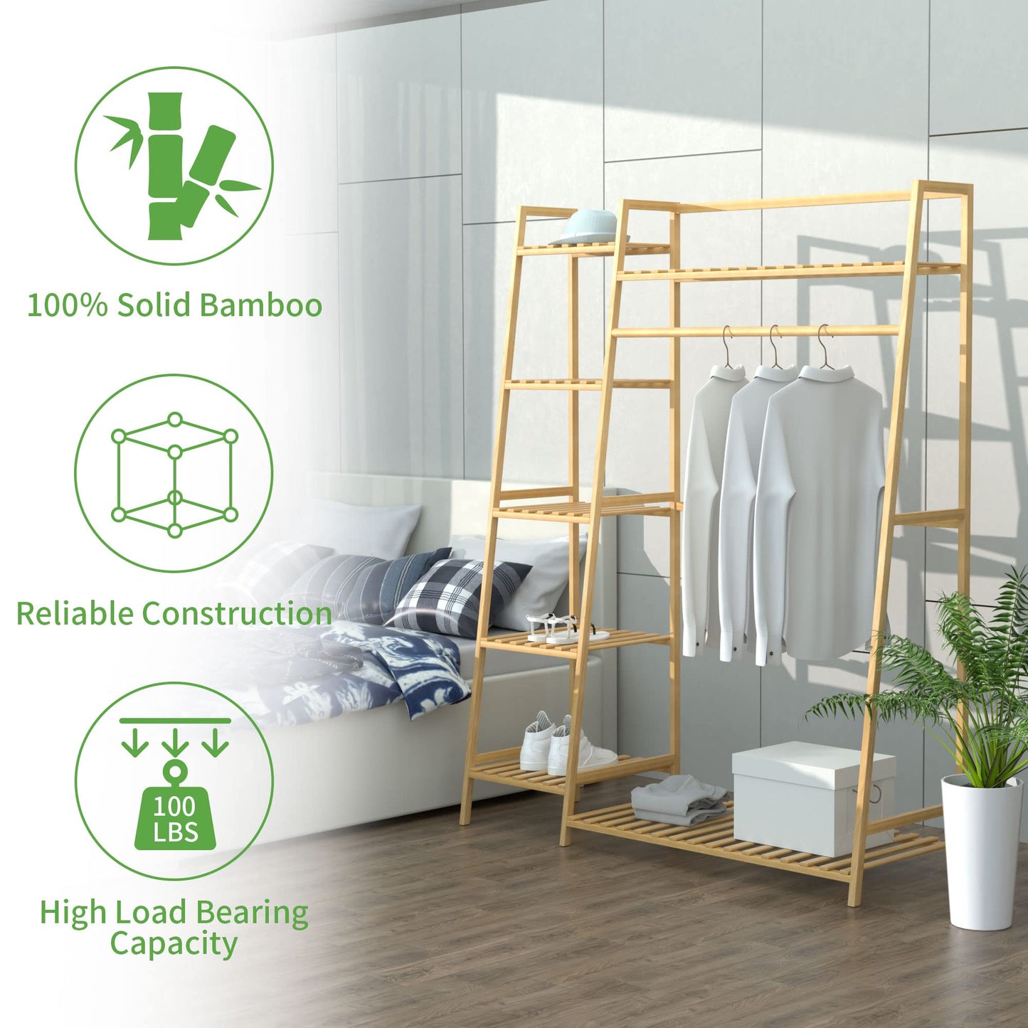 43.5" Bamboo Garment Rack - Free Standing Clothes Coat Hanger, Rolling Closet Organizer with Shoe Rack, Wardrobe Storage Shelves for Hall, Living Room, Bedroom, Office - WoodArtSupply