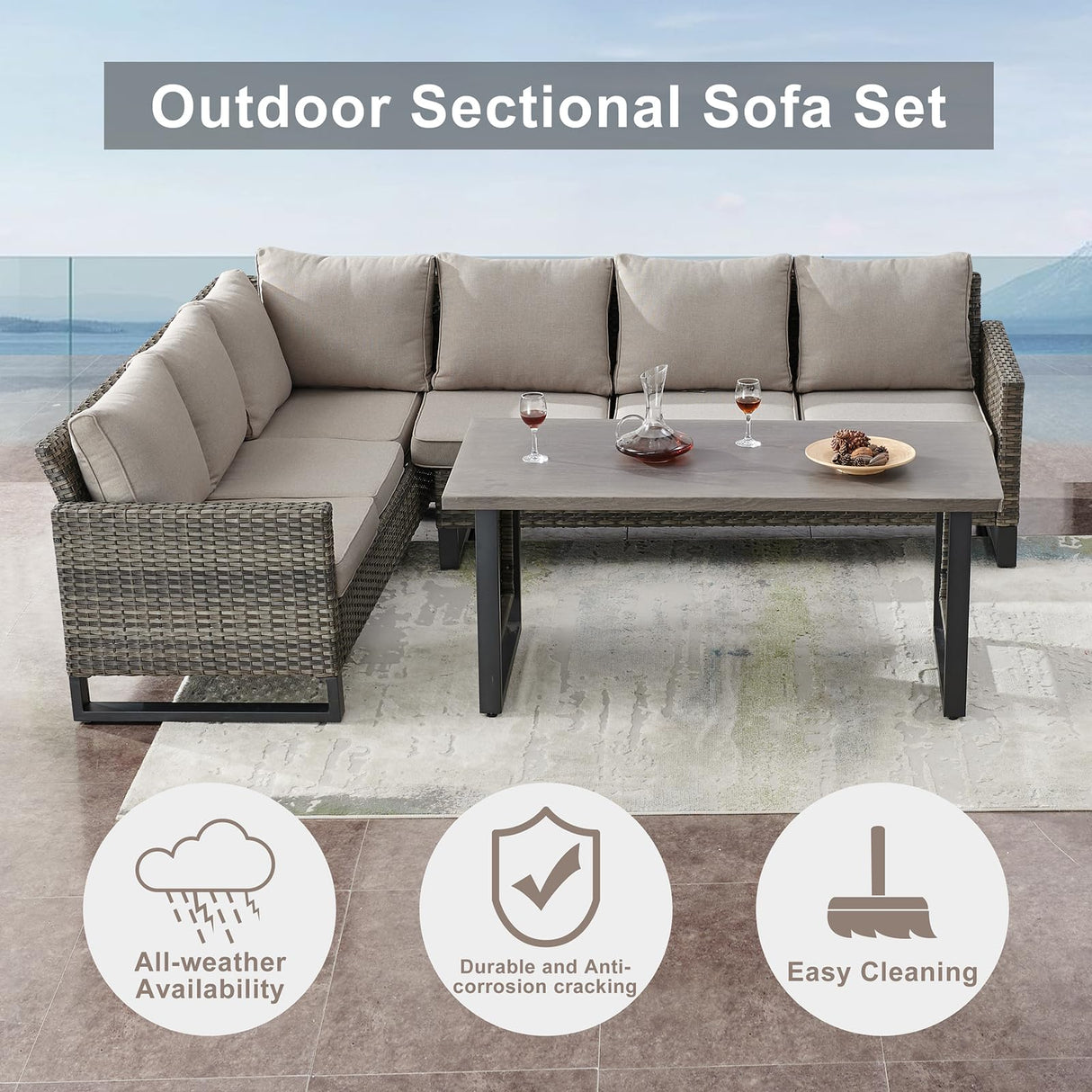 Belord Outdoor Sectional Furniture with Swivel Rocker Chair, 10 Pieces Wicker Patio Furniture Sets with Ottoman L Shaped Sofa Coffee Table Grey Cushion Belord