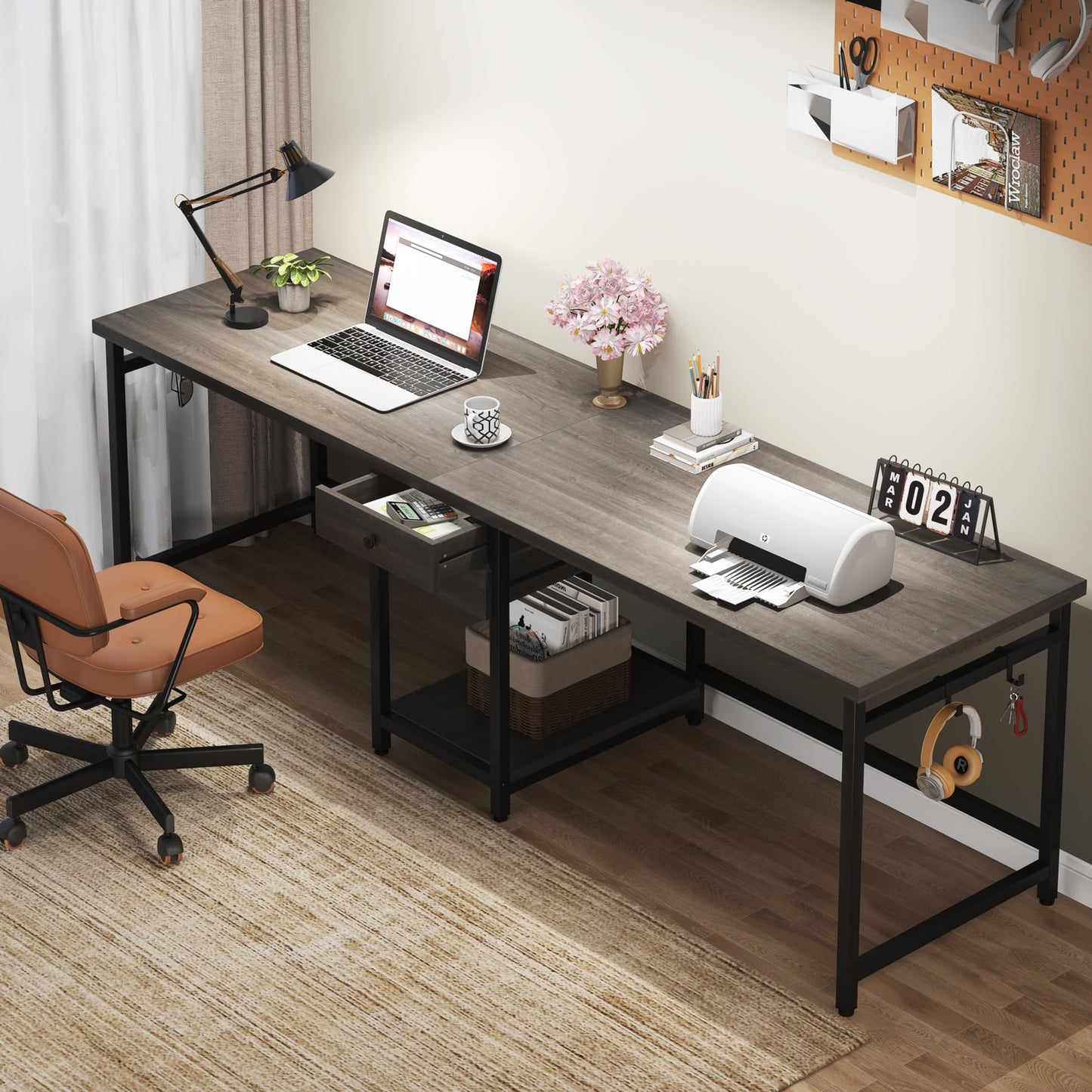 Tribesigns 79 Inch Extra Long Desk, Double Desk with 2 Drawers, Two Person Desk Long Computer Desk with Storage Shelves, Writing Table Study Desk for Home Office, Grey - WoodArtSupply