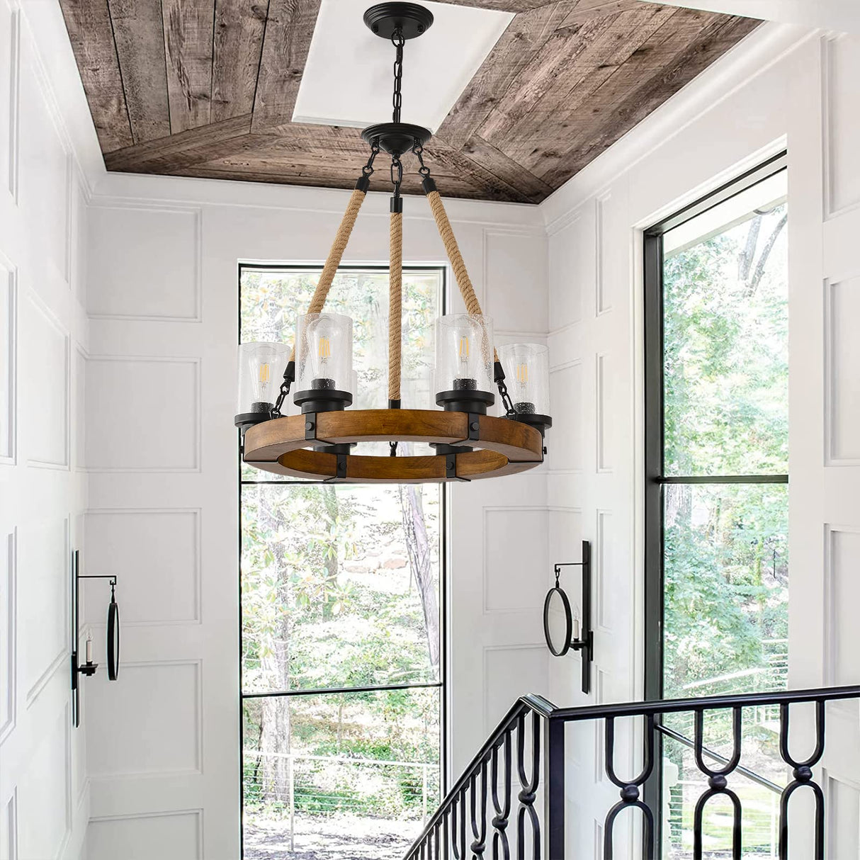 Rustic Wagon Wheel Chandelier with Seeded Glass Shades, 6 Lights Farmhouse Wood Retro Round Wagon Wheel Pendant Light for Living Room Kitchen Island Foyer Entryway BAOURE