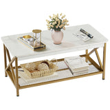 VECELO Coffee Table with 2-Tier Storage Shelf X-Frame for Living Room, Office Industrial Style,Easy Assembly, 39 inch White Gold VECELO