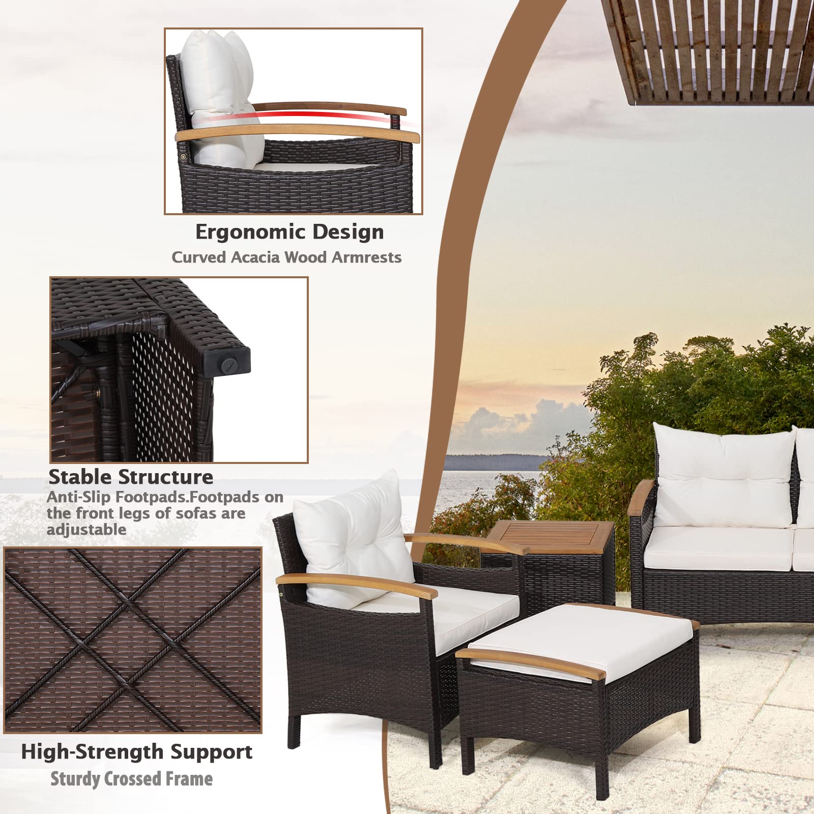 Tangkula 7 Pieces Patio Rattan Sofa Set, Outdoor Wicker Conversation Set w/Seat & Back Cushions, 2 Ottomans & 2 Coffee Tables, Acacia Wood Tabletop & Armrests, Wicker Sofa Set for Backyard, P - WoodArtSupply