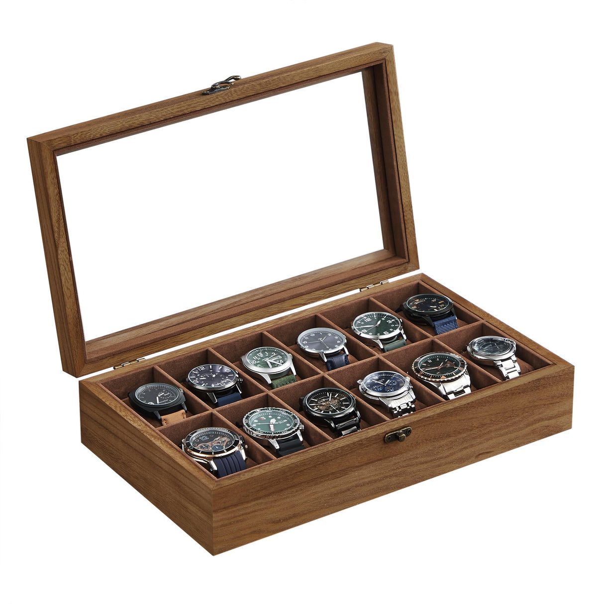 SONGMICS Watch Box with 12 Slots, Watch Case, Solid Wood Watch Box Organiser with Glass Lid, Watch Display Box with Removable Pillows, Gift Idea, SONGMICS
