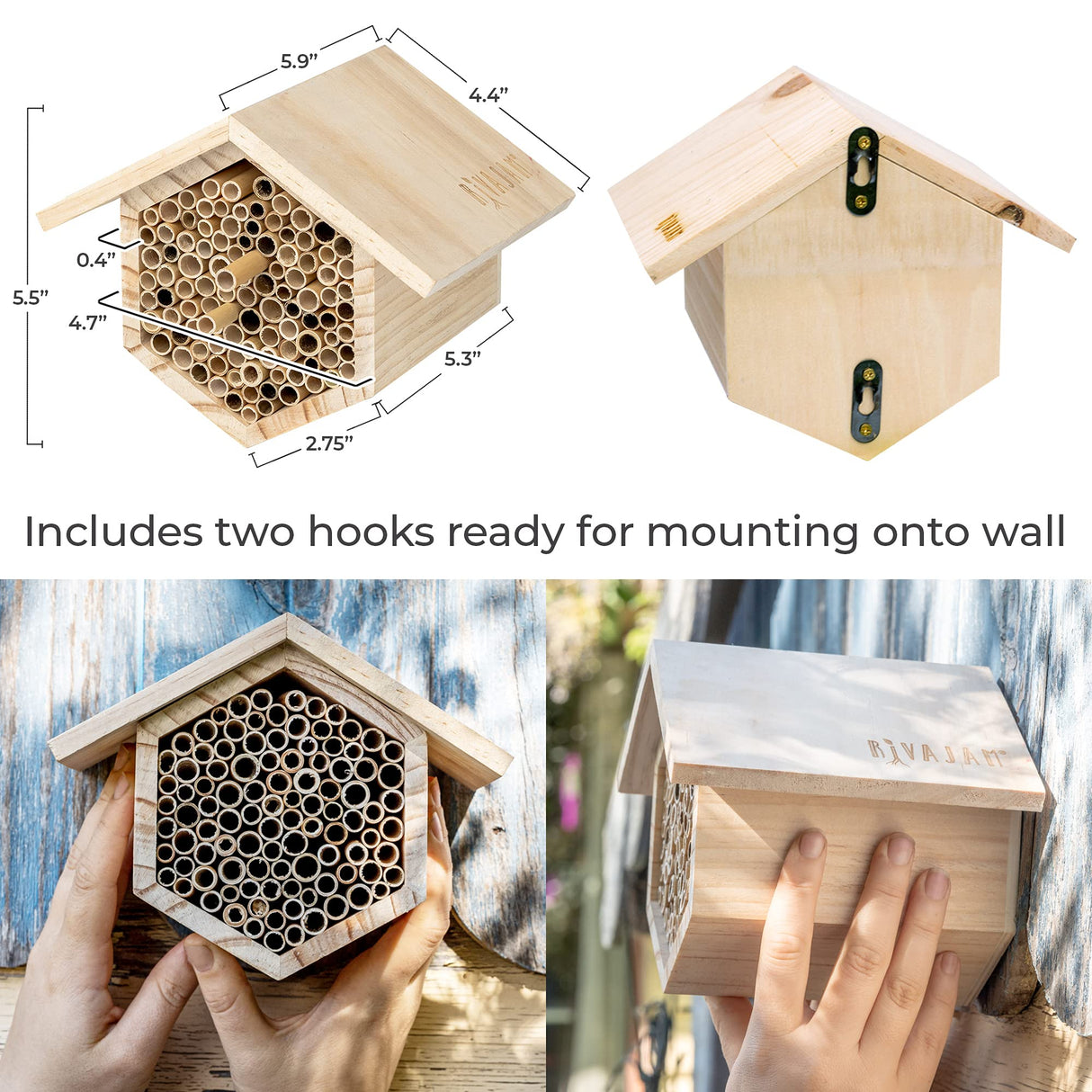 Rivajam Mason Bee House Wax Coated Nesting Bee Box | Refillable Phragmite Reed Mason Bee Tubes Filled Pollinator House | Mason Bee Houses for The Garden Rivajam