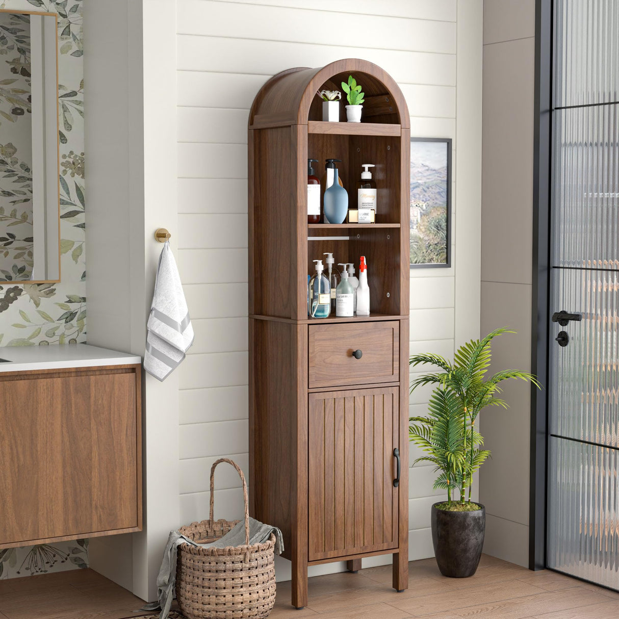 Lxsxlome 64" Tall Bathroom Storage Cabinet with Adjustable Shelves,Tall Narrow Arched Freestanding Tower Cabinet with Fluted Doors and Drawers,Space Saving Organizer for Bathroom Living Room (Walnut) Lxsxlome