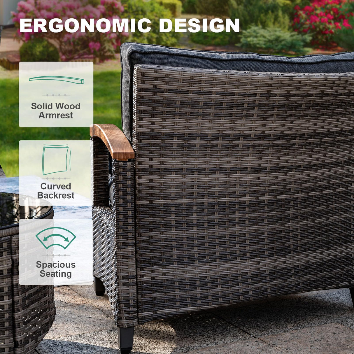 MEISSALIVVE 9-Piece Outdoor Patio Furniture Set, Half-Moon Curved Sectional Set with Wood Armrests, Patio Conversation Set, Tempered Glass Coffee & Side Tables (Grey) MEISSALIVVE