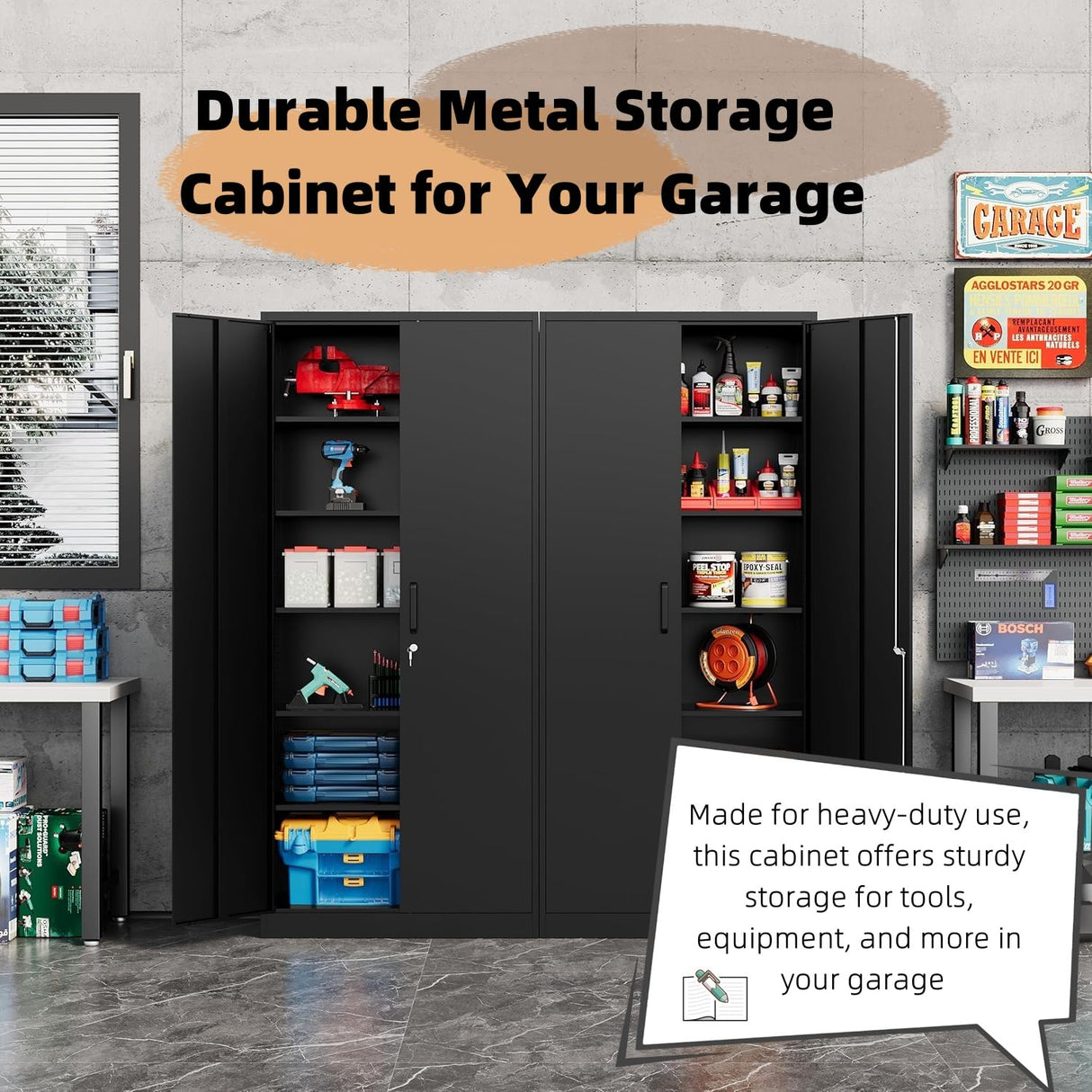 Oasecrilio Metal Storage Cabinet with 5 Adjustable Shelves, Garage Storage Cabinet with Lock, Kitchen Pantry Storage Cabinet, File Storage Cabinet, Filing Cabinets for Home Office, 71'H, Black Oasecrilio