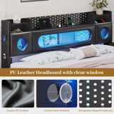 BYSAUD King Size Bed Frame,Floating Bed Frame with Storage Headboard & LED Light,Floating bed Frame King with Charging Station,King Bed with Bookcase Headboard,No Box Spring Needed,Noise-Free PU Black BYSAUD