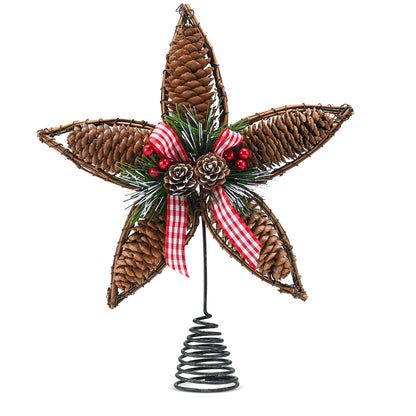 Ornativity Rattan Star Tree Topper - Christmas Rustic Acorn Pine Cone Tree Topper with Holly and Berry Decor Holiday Xmas Trees Top Decorations 11.5"