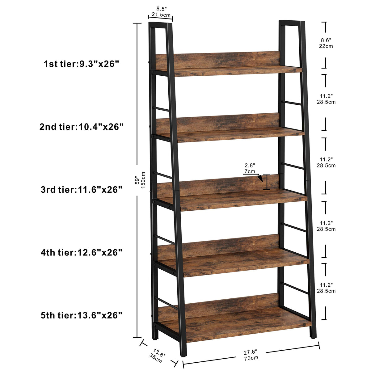 IRONCK Vintage Industrial 5-Tier Ladder Bookshelf with Metal Frame in Rustic Brown IRONCK