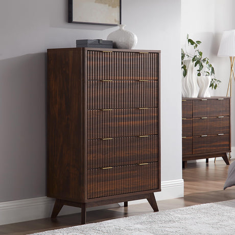 T4TREAM Fluted 5 Drawers Dresser, 48" Tall Modern Chest of Drawers, Curved Profile Design, Wood Drawer Organizer for Bedroom, Living Room, Hallway, Entryway, Dark Walnut T4TREAM