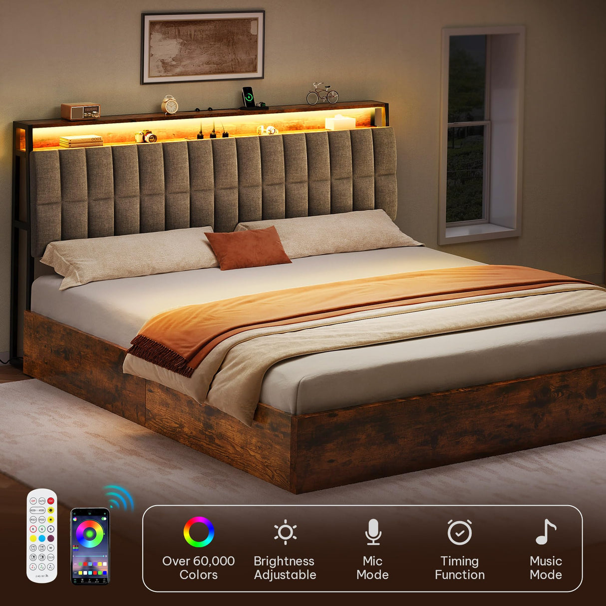 YITAHOME King Size Lift Up Bed Frame with Charging Station & RGB LED Lights, Linen Upholstered Storage Headboard Bed, Heavy Duty Wooden Slats, No Box Spring Needed, Noise Free, Rustic Brown and Grey YITAHOME