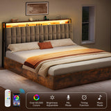 YITAHOME King Size Lift Up Bed Frame with Charging Station & RGB LED Lights, Linen Upholstered Storage Headboard Bed, Heavy Duty Wooden Slats, No Box Spring Needed, Noise Free, Rustic Brown and Grey YITAHOME