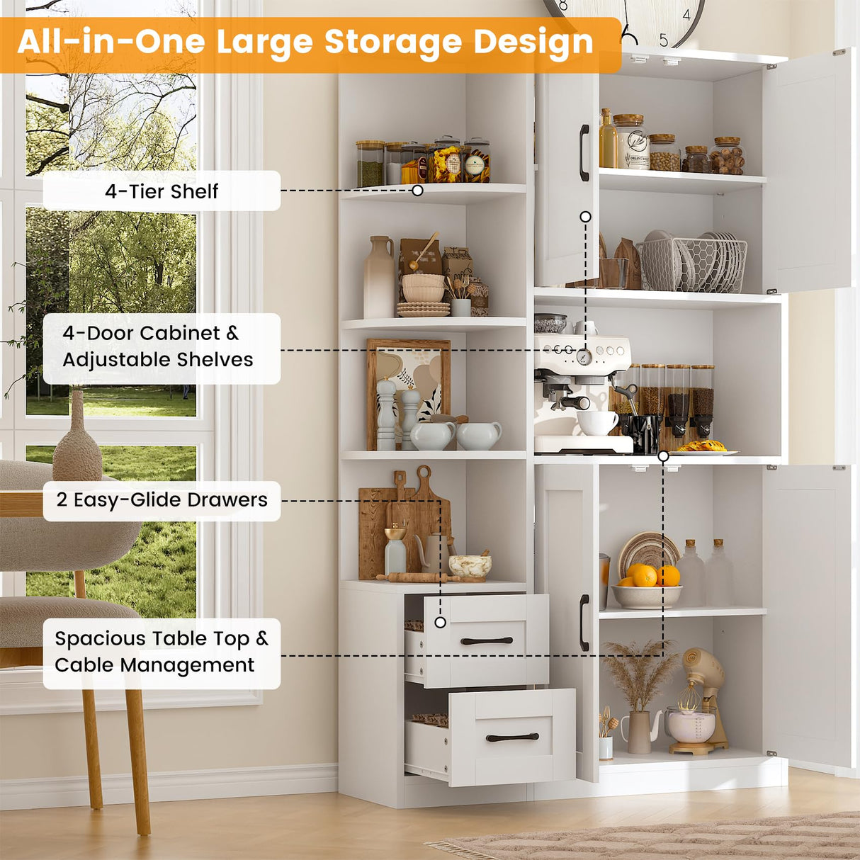 CBBPET 71" Pantry Cabinet with 5-Tier Open Shelf, Tall Kitchen Pantry Storage Cabinet with Microwave Stand, Farmhouse Kitchen Hutch with Storage Drawers for Living Room, Dining Room, White CBBPET