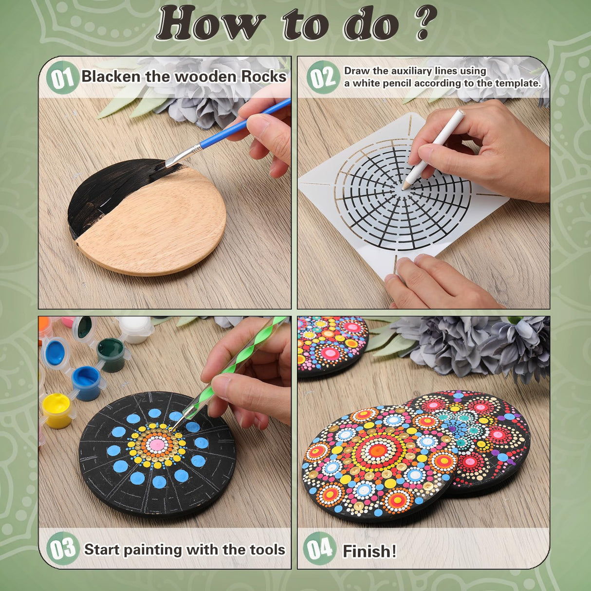 Potchen 10 Pcs Mandala Rock Painting Kit Mandala Dotting Tools Kit Wooden Rocks Dot Paint Stencils Tool Set for Adults Arts Drawing Home Decor Activity DIY Mothers Day Gift Potchen