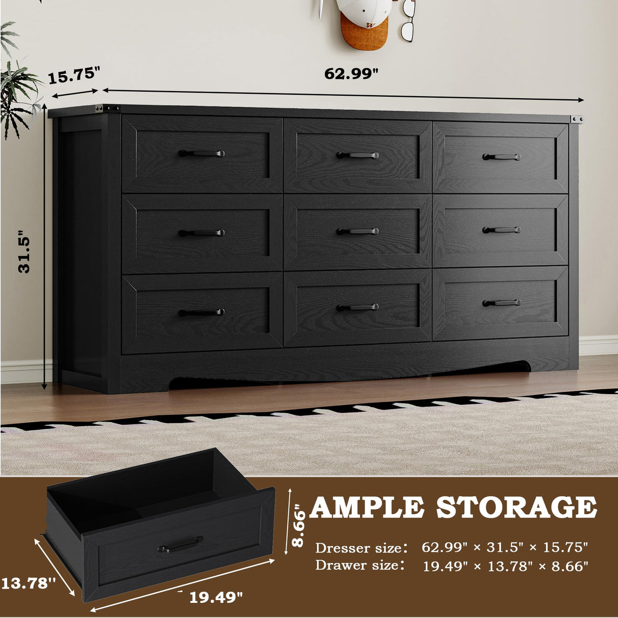 BORNOON 9-Drawer Dresser for Bedroom, Modern Wooden Chest of Drawers with Metal Handles, Anti-Tipping Design, Sturdy and Stable Storage Organizer for Living Room, Entryway, Home Office BORNOON