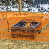 MistMo 26" Steel Square Fire Pit with Grill & Poker, Outdoor Fireplace with Mesh Cover for Patio, Backyard & Garden, Ideal Mistmo