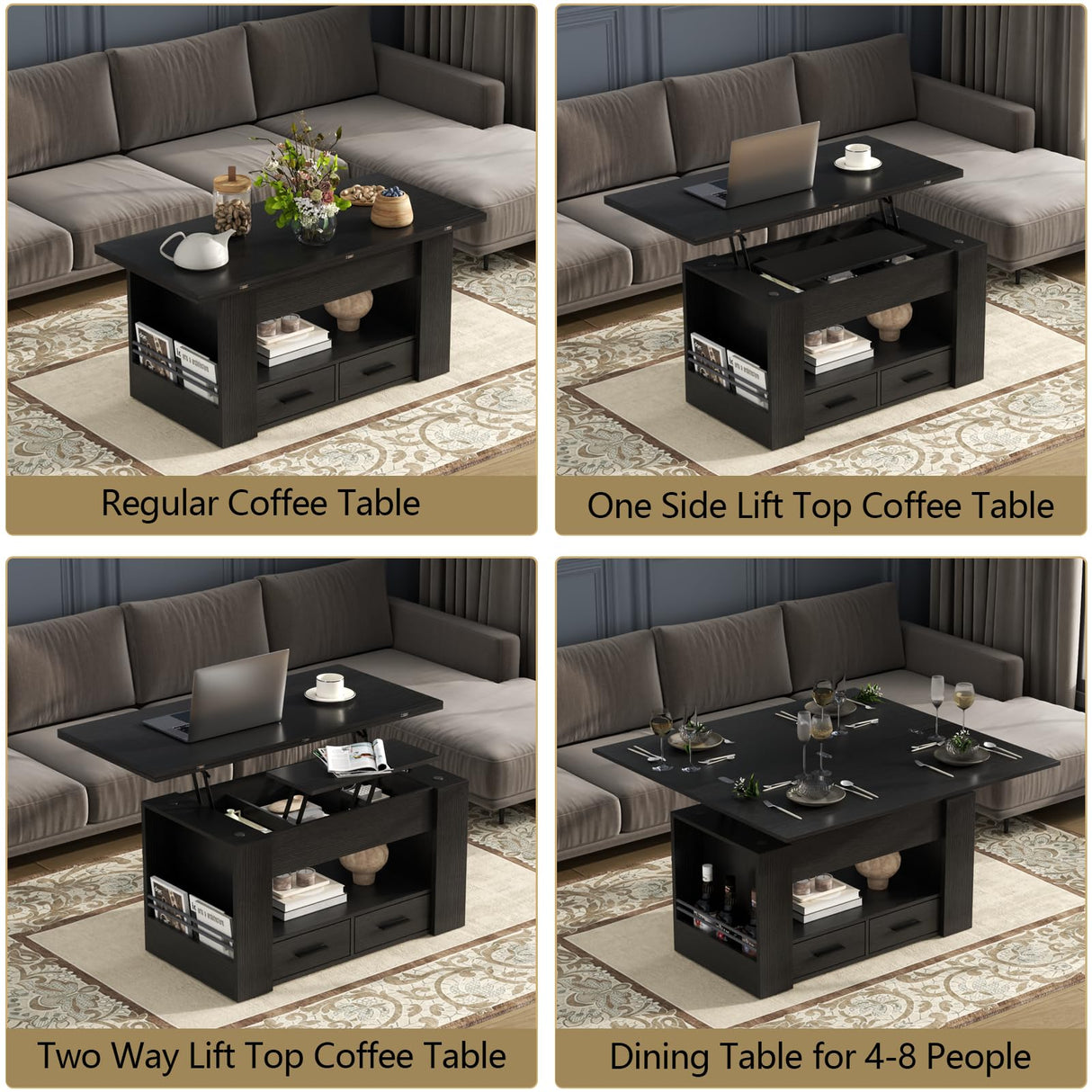 Lift Top Coffee Table, 4 in 1 Multi-Function Coffee Table with Storage Shelf and Hidden Compartment, Center Table with Large Drawers, Converts to Dining Table for Living Room, Home Office (Black) Gyfimoie