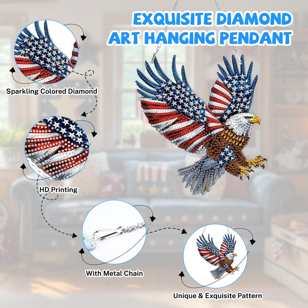 Bowetile Bald Eagle 5D Diamond Art Hanging Kits for Adults, American Flag Diamond Painting Window Pendant Kits, Special Shape Patriotism Gem Art Suncatchers Ornament for Home Garden Wall Decor Bowetile