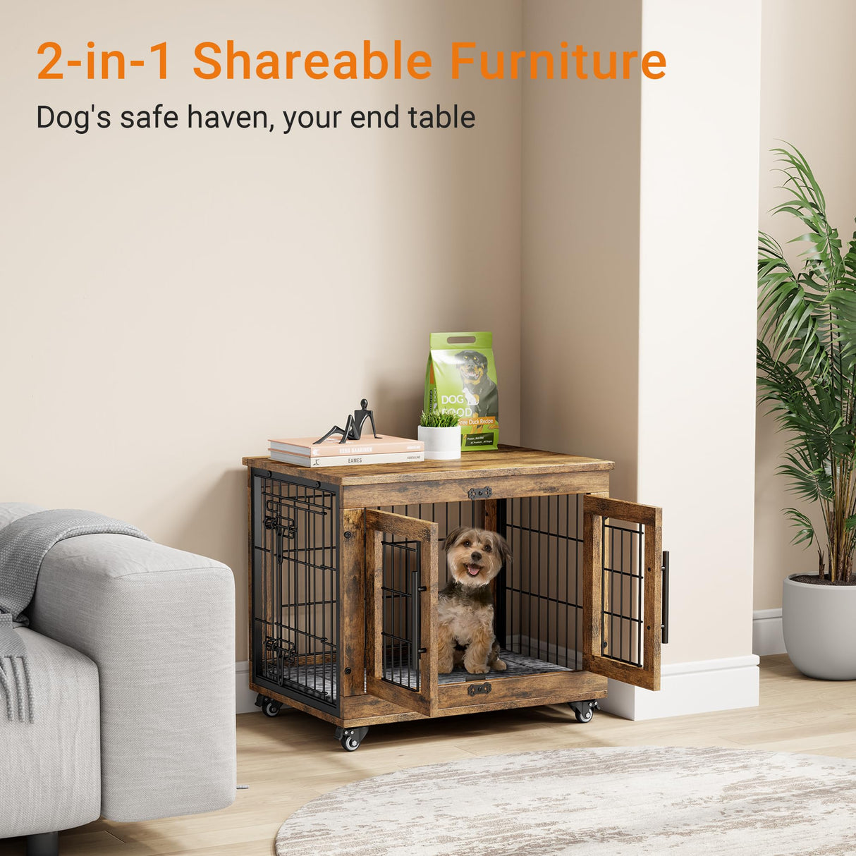 Lulive Small Dog Crate Furniture, Dog Kennel Indoor Double Doors Wooden Dog Cage, 27.1'' Heavy Duty Dog Crate with Cushion & Wheels, Decorative End Table Pet House Chew-Resistant for Small Dogs, Brown Lulive