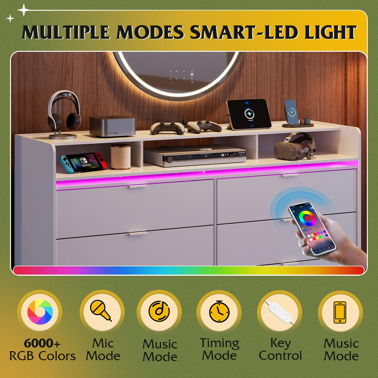 WLIVE 9 Drawer Led Dresser for Bedroom, 58.35'' White Wood Dresser Storage Organizer with Power Outlets for 65'' TV, Dressers with Open Shelves, Chest of Drawers for Closet, Living Room WLIVE