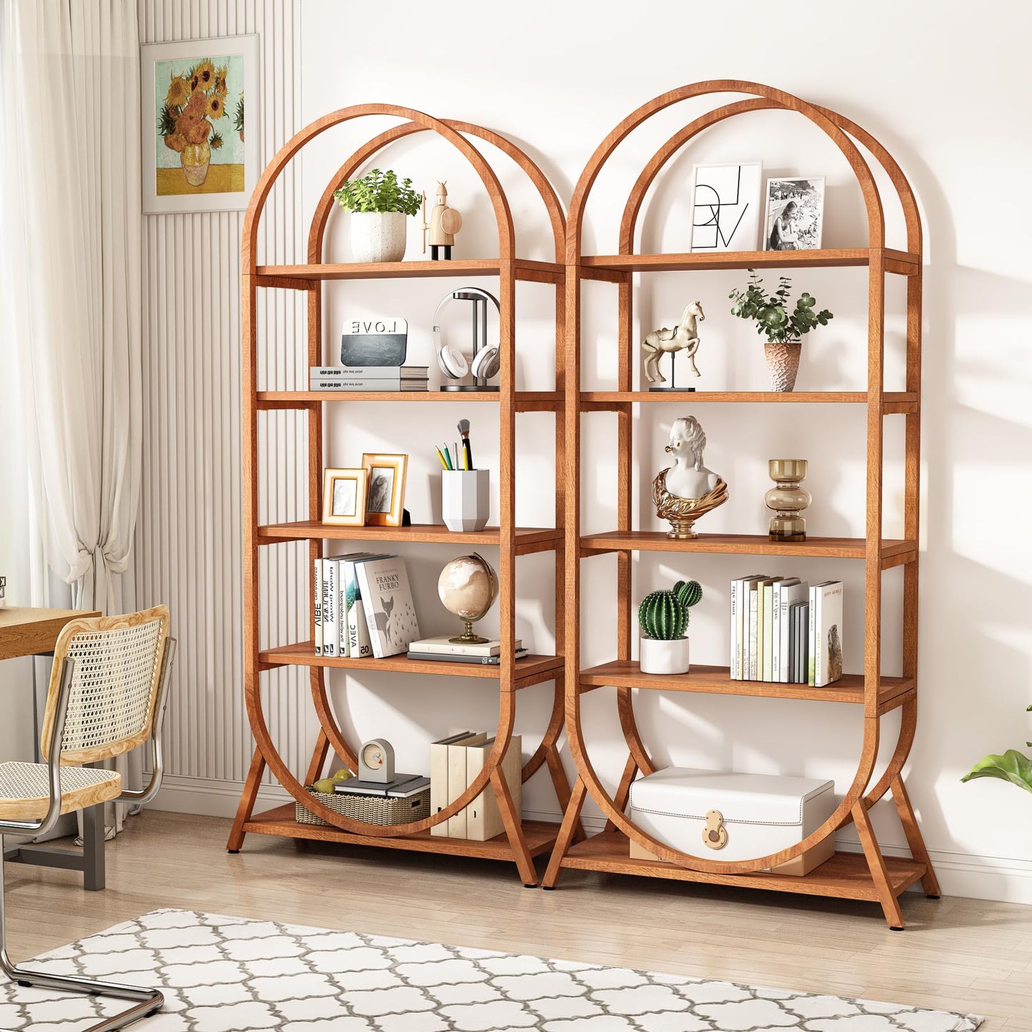 Tribesigns 5-Tier Arched Bookshelf - Modern Bright Brown Metal Frame Storage Unit - WoodArtSupply