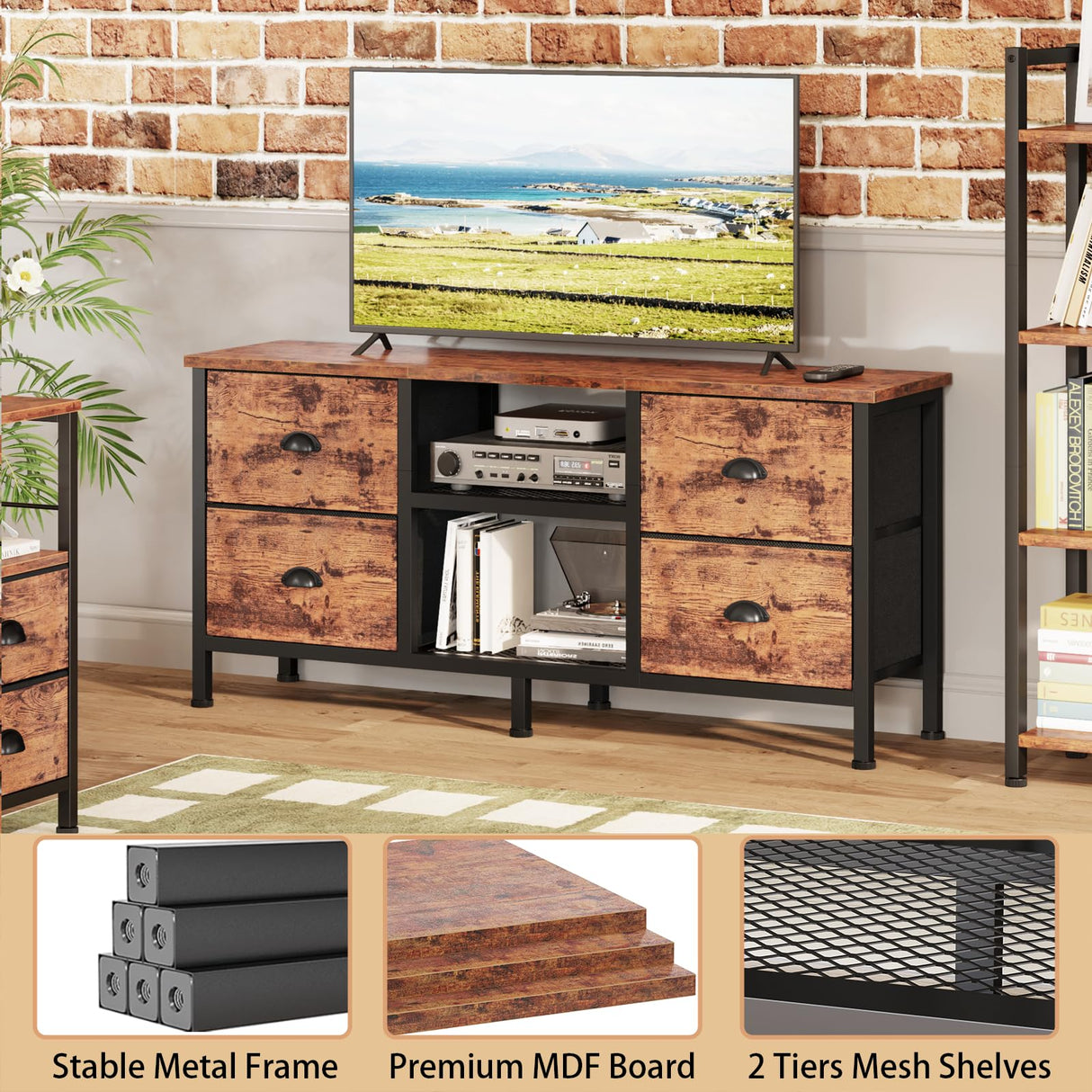 Furologee TV Stand Dresser with 4 Drawers, Small TV Console Table with Open Shelf, Entertainment Center for 50" TV, Industrial Media Center for Bedroom, Living Room, Rustic Brown Furologee