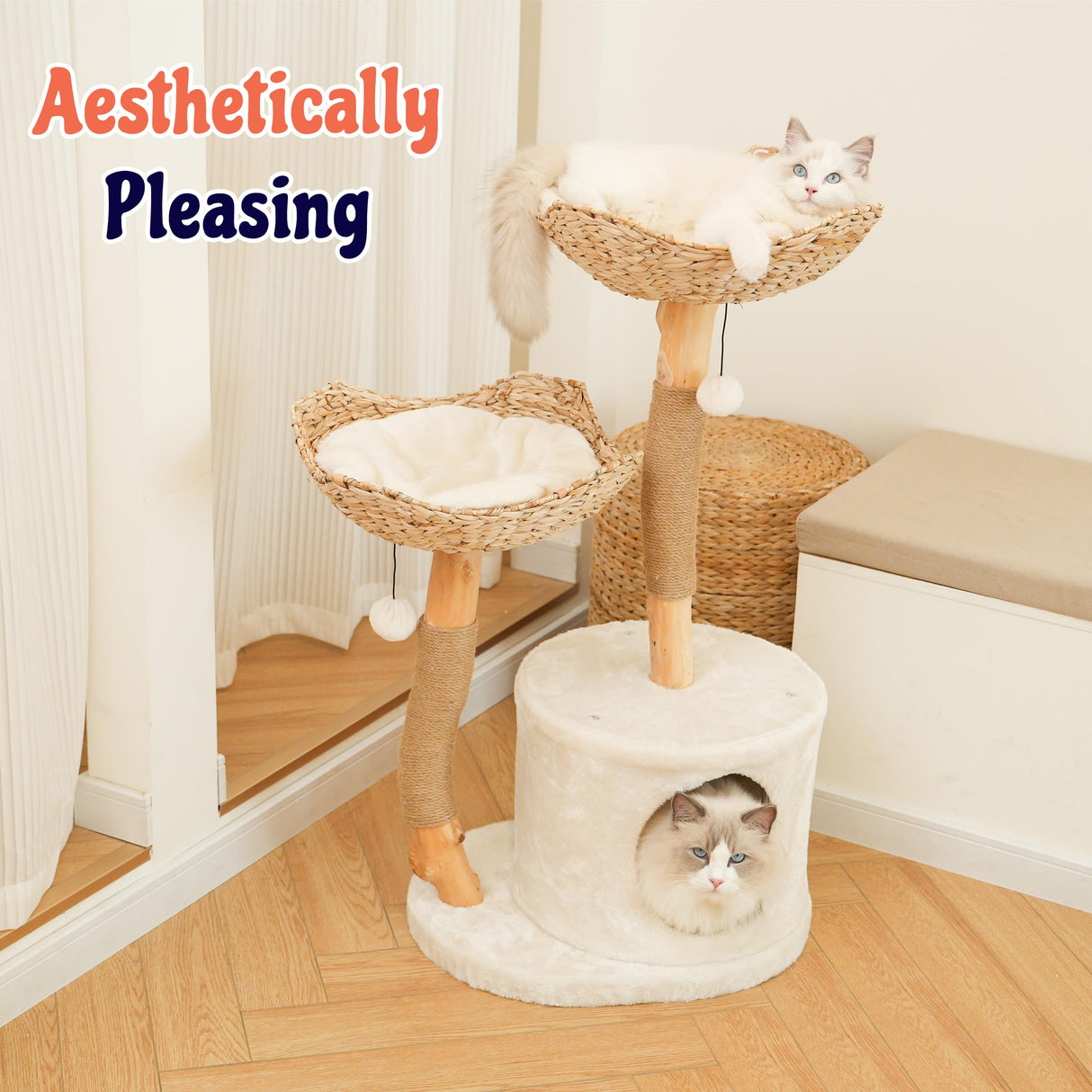 KONELCARE Natural Wood Cat Tree- Modern Cat Tower for Large Cat, 2 Baskets KONELCARE