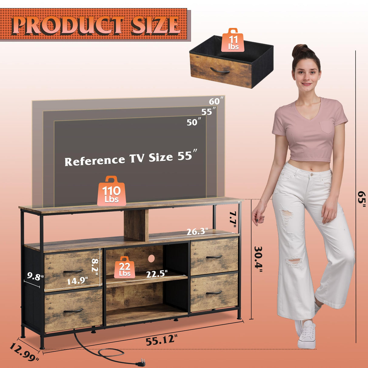 WLIVE TV Stand Dresser for 50,55,60 inch TV, Entertainment Center with LED Lights & Fabric Drawers, Dresser TV Stand for Bedroom and Living Room with Open Shelves, Rustic Brown WLIVE