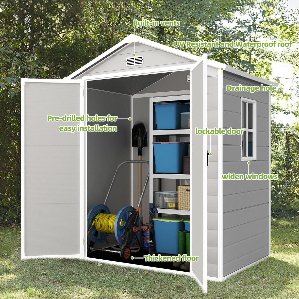YOFE Outdoor Storage Shed 6x4.4FT, Resin Shed with Floor,Plastic Shed with Floor for Garden Tool,Waterproof Outdoor Resin Shed,Lockable Doors for Patio,Yard,Lawn (LightGray 6x4) YOFE